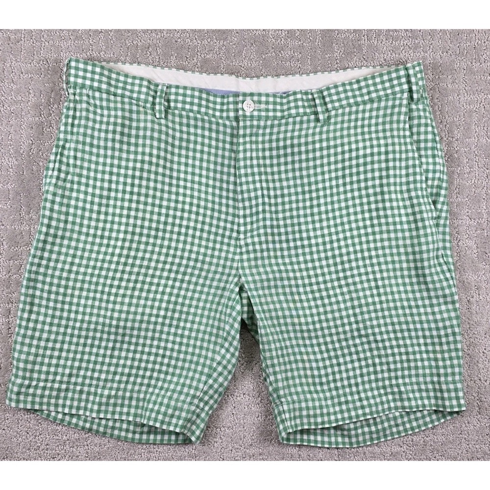 Polo Ralph Lauren Men's Green Gingham Check Linen Bermuda Shorts Size 36 Preppy